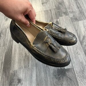 SANDRO Gold and Black Paint Leather Tassel Loafers